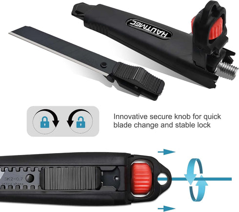 HAUTMEC 18mm Extra Heavy Duty Utility Knife with Double Lock Mechanism and 10pc Blade Set, Double Safety, SK2 Sharp Black Blade for Industrial or ...
