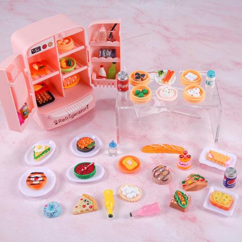 95 Pcs Dollhouse Refrigerator Mini Fridge Table Dining Car Toy with Food Set Kitchen Furniture Miniatures Party Fruits Juice Milk Desserts for Chi...