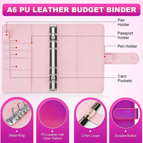 Toplive A6 Refillable Notebook Binder PU Leather 6 Ring Budget Binder Organizer for A6 Filler Paper, Loose Leaf Personal Planner Binder Cover, Las...
