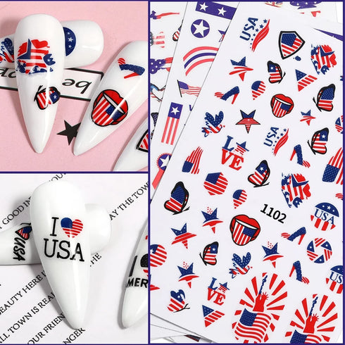 4th of July Nail Art Stickers Decals, American Flag Patriotic Independence Day 3D Nail Stickers Nail Supply USA Flags Heart Star Design Nail Decal...