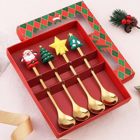 Christmas Coffee Spoons Coffee Stirrers Cake spoon Premium Stainless Steel Ice Tea Spoons, Ice Cream Spoon, Cocktail Stirring Spoons Set of 4?Gold...
