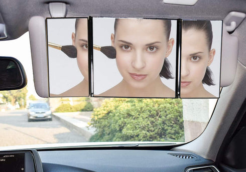 Home-X Large Car Vanity Mirror with Trifold Design, Travel Accessories for Car, Foldable Vanity, Makeup Travel Vanity, Strap-On Car Mirror, 12" L ...