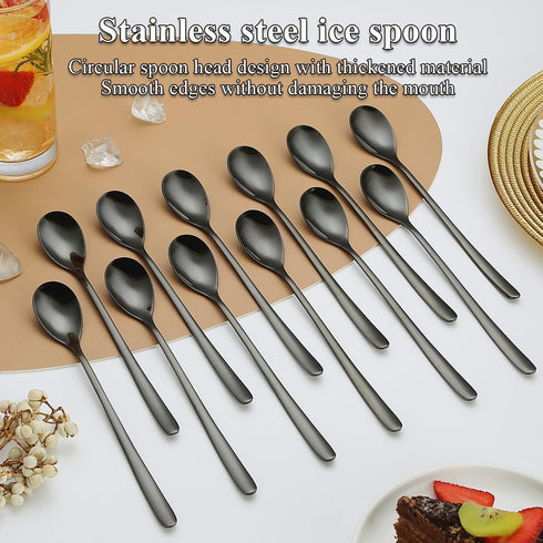 Black Long Handle Iced Tea Spoon Set of 12 Pieces, Titanium Plating Black Stainless Steel Teaspoons, Stirring Bar Spoon, Coffee Spoon, Ice Cream S...