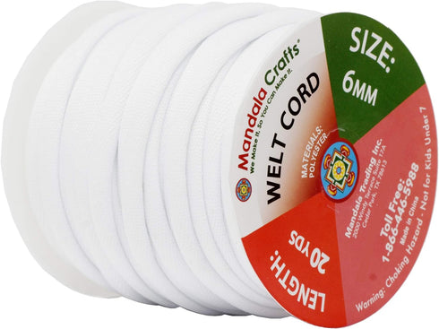 Mandala Crafts White Polyester Cotton Welting Cord for Upholstery Welt Cord Piping Rope Filler Sewing - 20 YDs ¼ Inch Cotton Piping Cord Welt Cord...