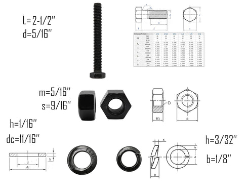 LBY 8 Sets 5/16-18×2-1/2'' Hex Head Screws Bolts(Fully Threaded), Nuts(Heavyd), Flat & Lock Washers Kit, Alloy Steel (Black)...