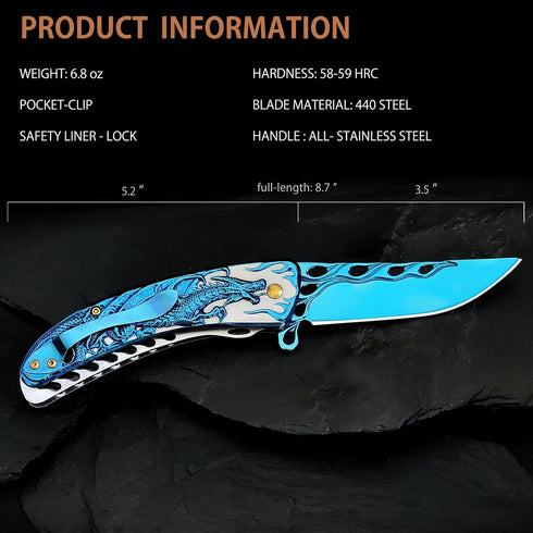 Pocket Knife for Men, Cool Folding Knife With 3D Blue Dragon Embossed Relief, Great Christmas Gift Edc Knife For Men Outdoor Survival Camping...