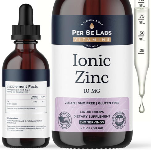 Per Se Labs Ionic Zinc Liquid - 10 mg High Absorption 240 Servings Liquid Zinc Drops for Adults - Immune Support Skin Care Zinc Supplements - Vega...