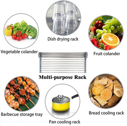 Roll Up Dish Drying Rack 20.5"(L) x 13.8"(W) - Stainless Steel and Silicone Dish Drying Mat Over The Sink Foldable Drain Rack Multipurpose Dish Dr...
