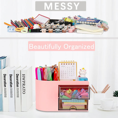 Cute Pen Organizer with Drawer, Multi-Functional Small Desktop Accessories Organizers, Pencil Holder for Desk Office Art Supplies (Rounded Desk Or...