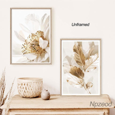 Abstract Golden White Flower Leaves Wall Art Posters Nordic Beige Canvas Painting, Modern Plant Landscape Prints Picture for Living Room Home Deco...
