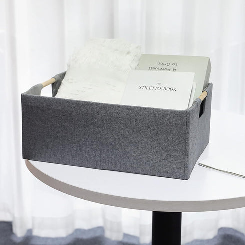 Fabric Storage Bin Box Foldable Cotton Linen Storage Basket with Wooden Handles Rectangular Cube Decorative Home Laundry Organizer Clothes Blanket...