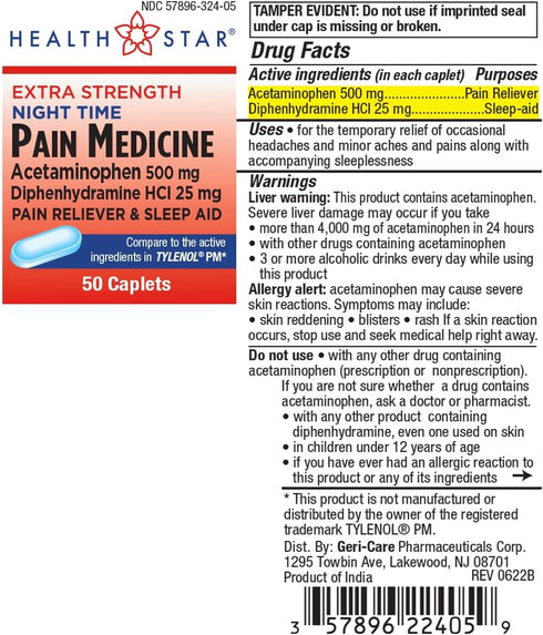 GeriCare Extra Strength Night-Time Acetaminophen 500 mg, Diphenhydramine HCI 25 mg Pain Medicine Caplets 50 Count (Pack of 1)...