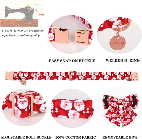 DOGWONG Christmas Dog Collar with Sailor Bow, Red Santa claus Dog Collar Soft Durable Adjustable Cotton Puppy Collar for Small Medium Large Dog...