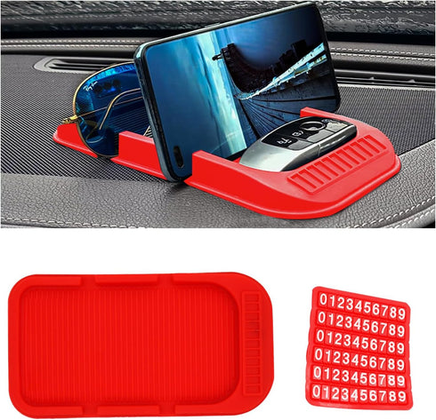 Car Dashboard Phone Holder, Non-Slip Double-Groove Auto Cell Phone Pad Mat with Number Plate, Universal Vehicle Phone Mount for All Smartphones, G...