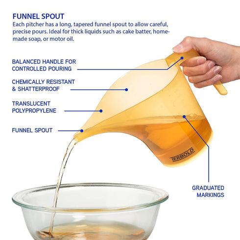 Funnel Pitcher with Spout 2pc Set | 1 Liter Plastic Measuring Pitchers for Cake, Pancake Dispenser, Soap Pouring or Oil Automotive use...