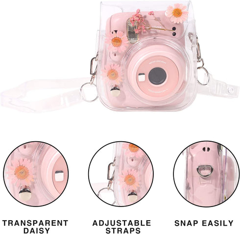 Case for Fujifilm Mini 12/11/9/8 Instant Camera Protective Bag with Transparent Shoulder Strap (Real Flower - Pink)(No Camera)...