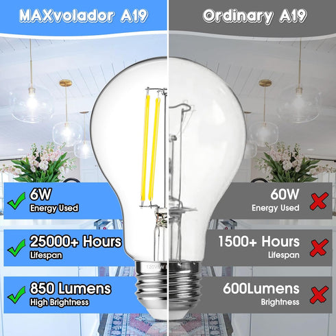 MAXvolador 60W Equivalent E26 LED Filament Light Bulbs, 850LM Daylight White 5000K LED Edison Bulb, Non-Dimmable 6W A19 LED Bulb Medium Base, 4-Pa...