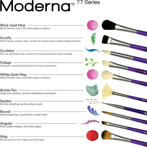 Royal & Langnickel Moderna, 5pc Scruffy Variety Brush Set for All Painting Mediums, Includes - Scruffy, Mop, Angular & Fan Brushes Purple...