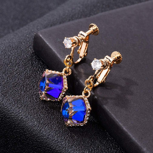 Cube Austrian Crystal Drop Clip On Dangle Earrings for Women Non Pierced 14K Rose Gold Plated Hypoallergenic Jewelry...