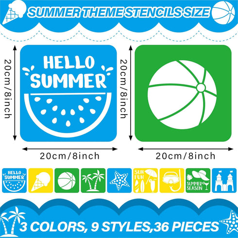 36pcs Summer Beach Drawing Stencils for Kids 8 Inch Sidewalk Chalk Stencils Painting Large Washable Reusable Tropical Palm Tree Themed Primary Sha...
