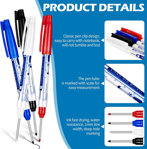 4 Pcs Deep Reach Markers Long Nose Marker Waterproof Deep Hole Marker Carpenter Ink Marker 30 mm Reach Permanent Markers and Marker Pens for Carpe...