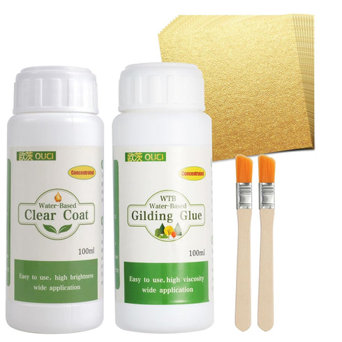 Gold Leaf Adhesive Set, 100ml Water Based Metal Leaf Glue and 100ml Protective Varnish, Gold Leaf Sheets 100 pcs, 2 Brushes, for Craft, Painting a...
