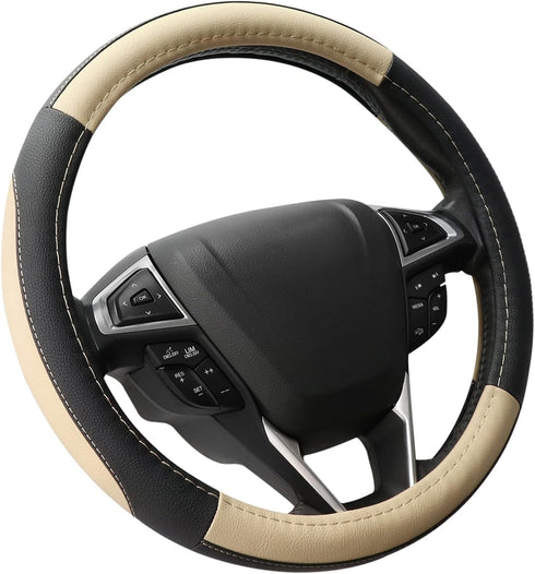 SEG Direct Car Steering Wheel Cover for F-150 Tundra Range Rover 15.5-16 inch, Black and Beige Microfiber Leather...