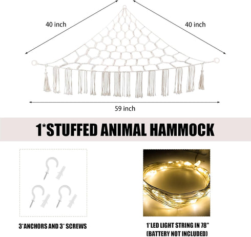 Stuffed Animal Hammock with LED Light, Toy Hammock for Stuffed Animals Storage for Kids Room Decor, Stuffed Animal Hammock Corner, White...