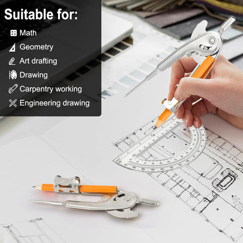 12 Pieces Compass Geometry Tool 6 Inch Compass for Geometry Math Compass and Protractor Set Include Metal Compass with Pencil and Protractor for S...