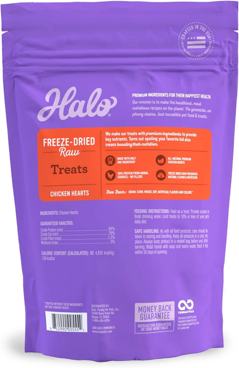 Halo Raw Freeze Dried Dog Treats, Chicken Hearts Recipe, Dog Treats Pouch, All Life Stages, 2-OZ Pouch...