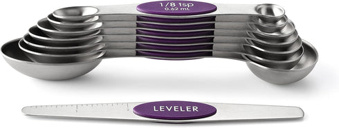 Spring Chef Purple Stainless Steel Magnetic Measuring Spoons Set of 8 with Leveler, Dual Sided Metal Teaspoon & Tablespoon Measuring Spoons, Kitch...