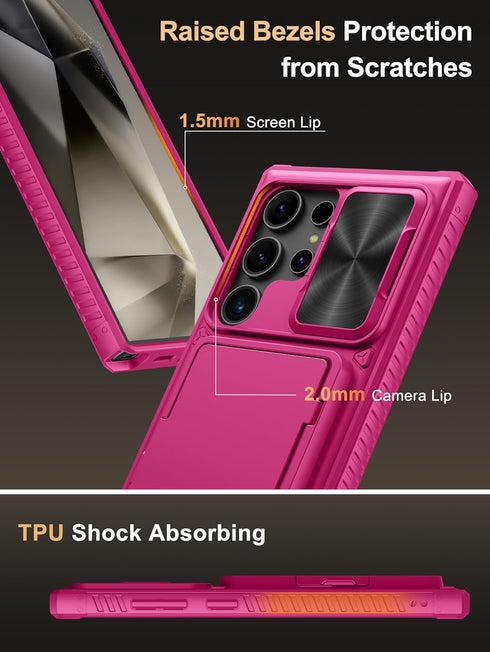 Vihibii for Samsung Galaxy S24 Ultra Case with Card Holder (4 Cards) & Slide Camera Cover & Kickstand, Shockproof Rugged Hard Back & TPU Soft Edge...