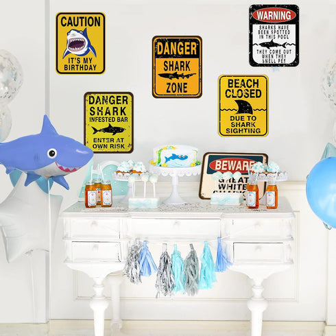 WERNNSAI Shark Zone Party Decorations - 6 PCS Size 8'' Funny Party Wall Decor Signs for Boys Kids Birthday Party Ocean Shark Theme Party Supplies...