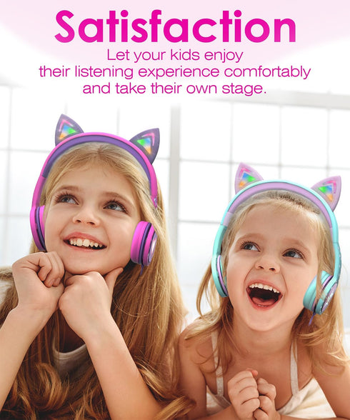 FosPower Kids Headphones with LED Cat Ears (Safe Volume Limit 85 dB), 3.5mm On-Ear Wired Headphones with Laced Tangle-Free Cables for Boys/Girls/S...