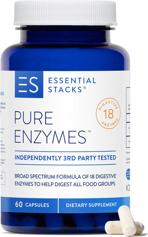 Essential Stacks Pure Digestive Enzymes (Gluten, Dairy & Soy Free) - 18 Enzymes for Digestion incl. Amylase, Lipase & Lactase - Vegetarian & Non-G...