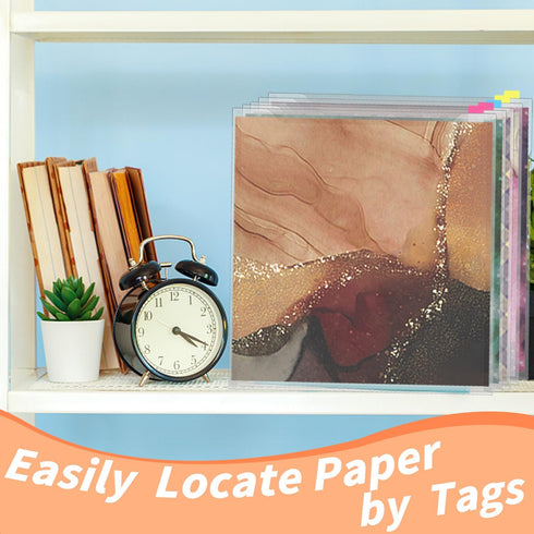 Anvin 12 Pcs Scrapbook Paper Storage Organizer for 12 x 12 Inch Paper with 60 Pcs Sticky Index Tabs Waterproof Individual Top Loading Files for Se...