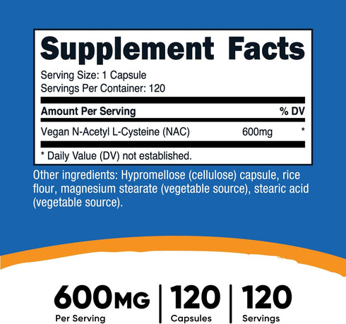 Nutricost N-Acetyl L-Cysteine (NAC) 600mg, 120 Vegetarian Capsules - Non-GMO, Gluten Free, Vegetarian Caps...