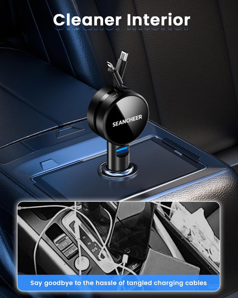 Retractable Car Charger for iPhone and Android Fast Charging, Car Charger with Retractable Cords(2.6Ft), USB-C Ports,Compatible with iphone15/ Pro...