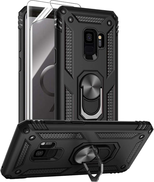 Androgate for Samsung Galaxy S9 Case with HD Screen Protectors, Military-Grade Metal Ring Holder Kickstand 15ft Drop Tested Shockproof Cover Case ...