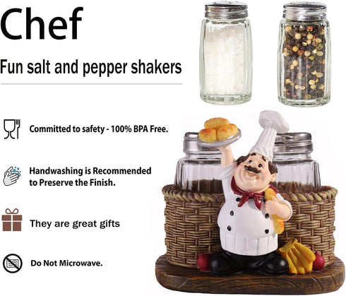 Salt and Pepper Shakers Set,Sitting Chef Decorative Statue Spice Organizer,Glass Spice Jars with Holder Figurine Gift for Family,Kitchen,Restauran...