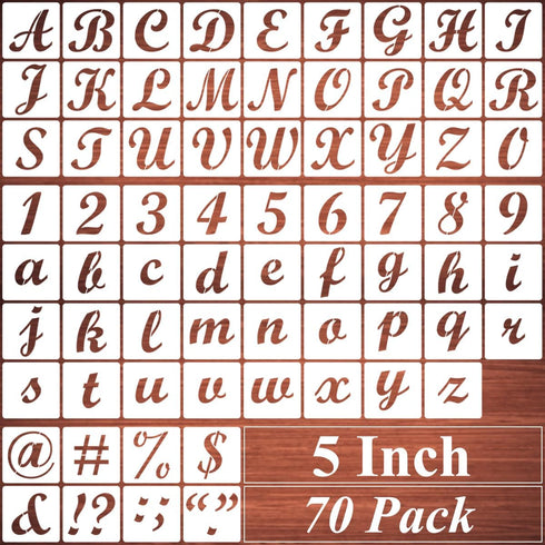 5 Inch Alphabet Letter Stencils for Painting - 70 Pack Letters and Numbers Stencil Templates with Signs for Painting on Wood, Reusable Letter and ...