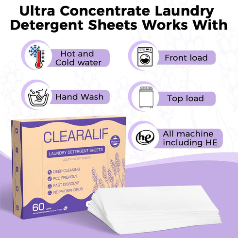 CLEARALIF Laundry Detergent Sheets, Up to 60 Loads, Fresh Lavender, liquidless, Eco-Friendly, Zero Waste, Save Space, Travel Laundry Strips for HE...
