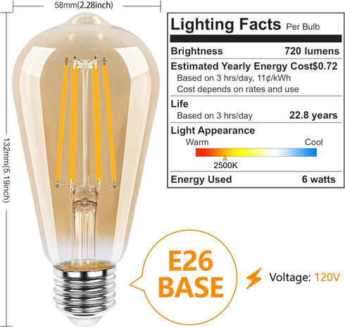 PARTPHONER LED Dimmable Edison Bulbs 6W 720LM, Vintage ST58 LED Light Bulb 2500K Amber Warm White Light 60 Watt Incandescent Equivalent E26 Base, ...