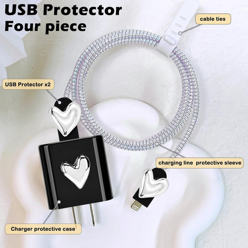 DIY Cable Protector Set Compatible for iPhone Charger, Electroplating Love Heart Design,Data Line USB Case Wire Cable Saver Phone Charger Protecti...