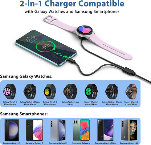 2 in 1 Samsung Watch Charger Cable Wireless Magnetic Charging Dock Compatible with Samsung Galaxy Watch 6 Classic/6/5 Pro/5/4 Classic/4/3/Active 2...