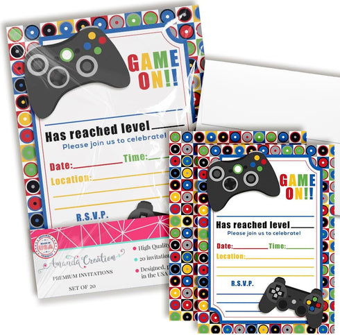 Game On! Video Gamer Birthday Party Fill In Invitations, 20 5"x7" Fill In Cards with Twenty White Envelopes by AmandaCreation...