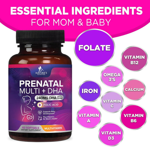 Women's Prenatal Multivitamin with Folic Acid + DHA, Prenatal Vitamin Supplement for Fetal Support w/ Folate, Omega 3, Vitamins D3, B6, B12 & Iron...