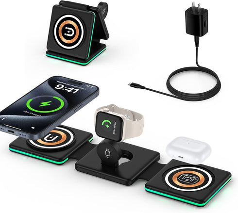 3 in 1 Wireless Charging Station with 20W USB C Power Adapter for iPhone 15/14/13 Series,Magnetic Mag-Safe Foldable Travel Charger Stand Pad for M...