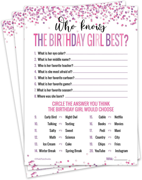 15 Who Knows The Birthday Girl Best Game Cards- for Child or Teen- Fun and Easy Game for Party or Sleepover- Girl Birthday Supplies, Activity, Dec...