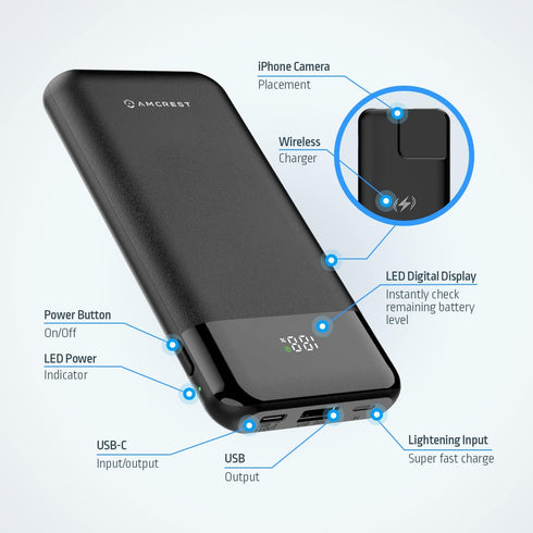 Amcrest USB C Power Bank, 10,000mAh Portable Charger USB C, Wireless Magnetic Power Bank Fast Charging 10W PD 3.0, Type C Battery Bank with LED Di...